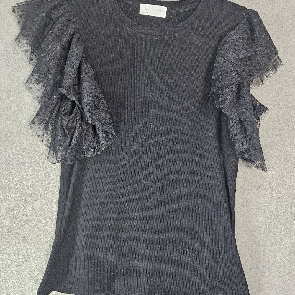 Liam & Co Womens Puff Ruffle Sleeve Coquette Rib Shirt Black Crewneck Size XL